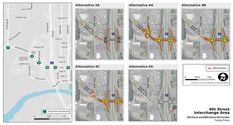 map of the I5 / 4th Street interchange showing the areas of study and five improvement alternatives