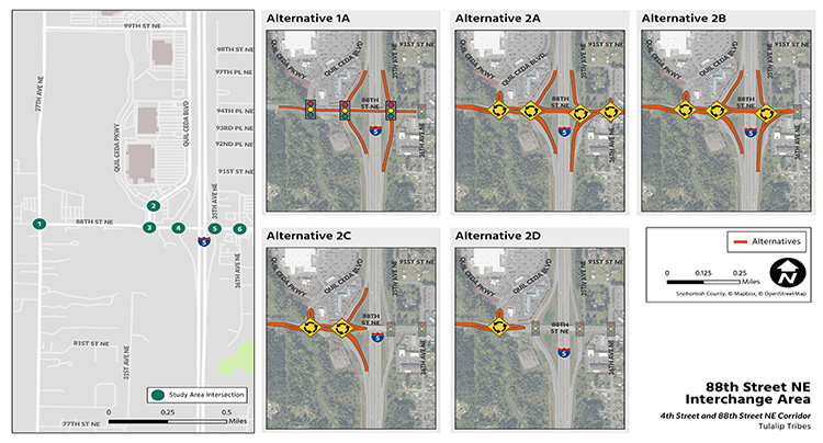 map of the I5 / 88th Street NE interchange showing the areas of study and five improvement alternatives