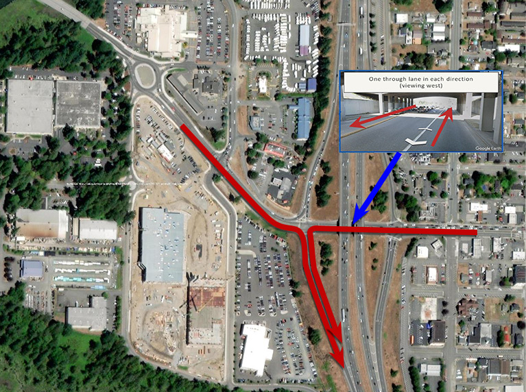 aerial view of the I5 / 4th Street interchange showing in red the areas of traffic congestion in the morning