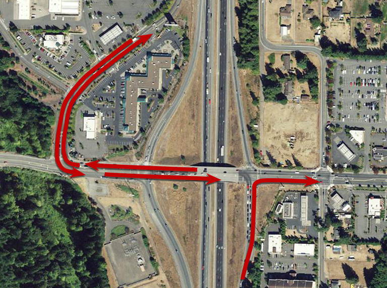 aerial view of the I5 / 88th Street NE interchange showing in red the areas of traffic congestion